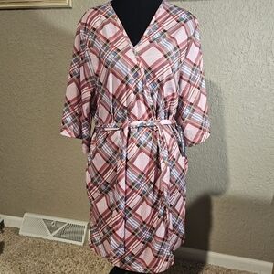 ModCloth Pink Plaid Wrap Robe Kimono Bathrobe Loungewear‎ Full Length Size L/XL